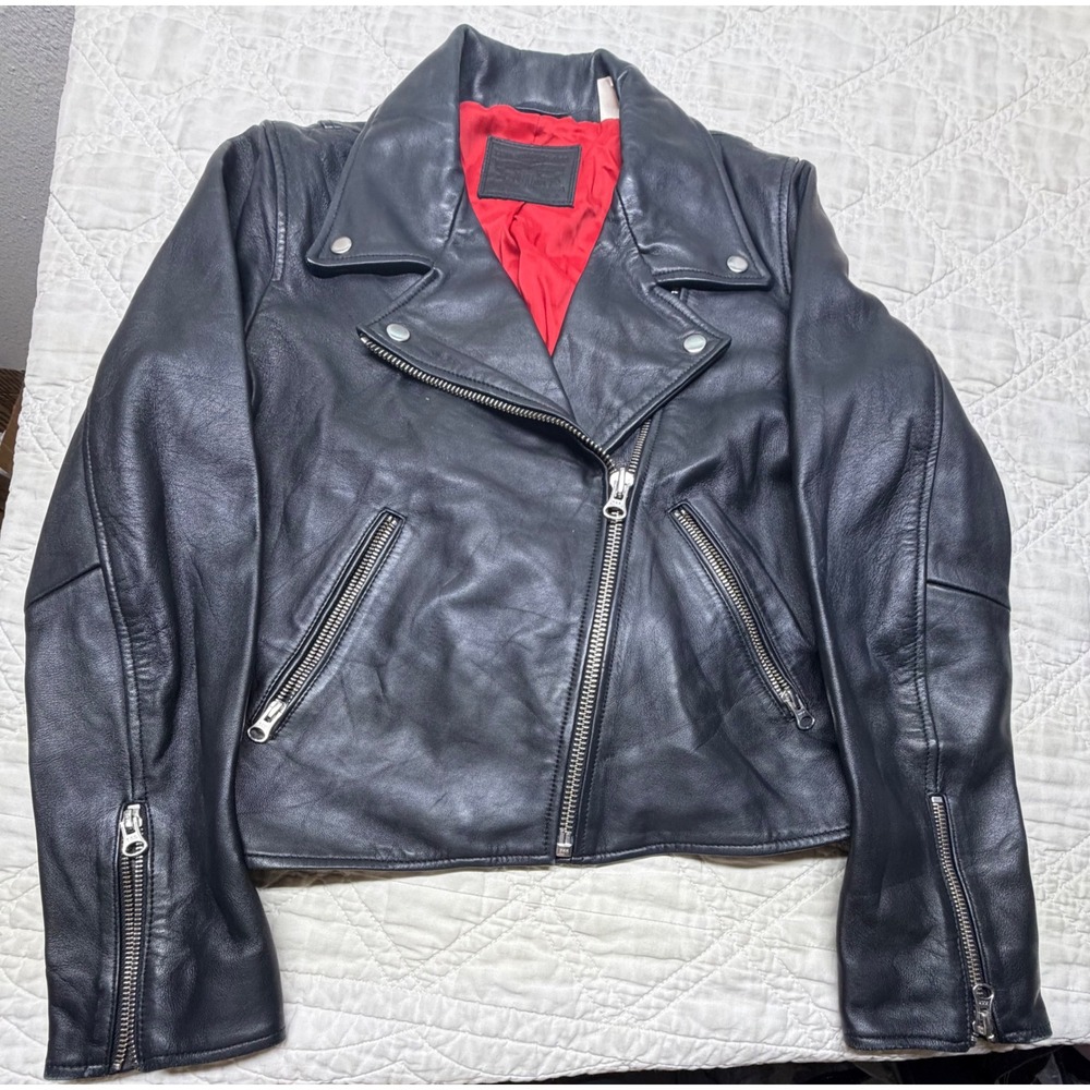 Levi's Moto Jacket Women Small Black Butter Soft Sheep Leather Biker button snap